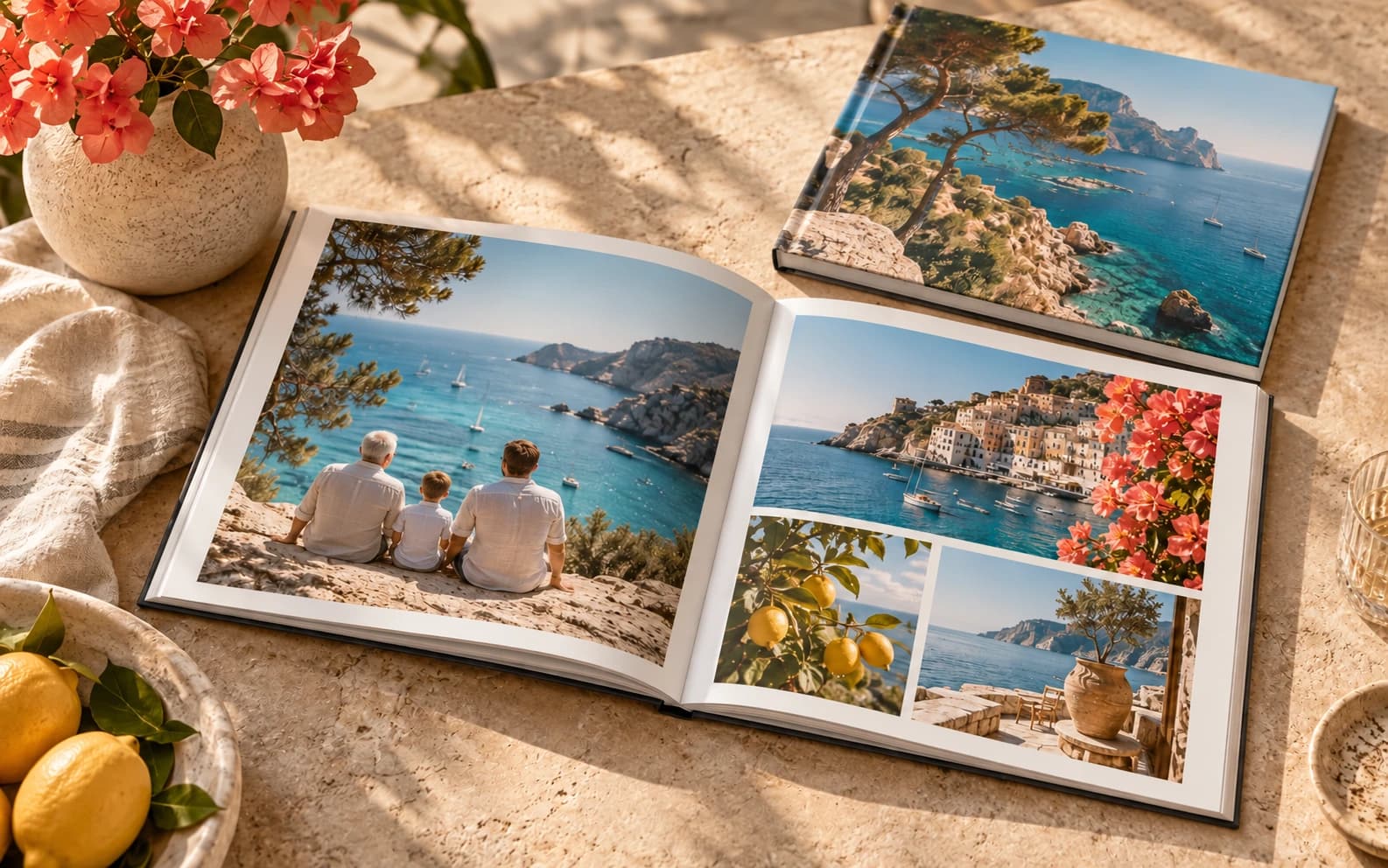 An open printed photo album and a hardcover book on a sunlit table
